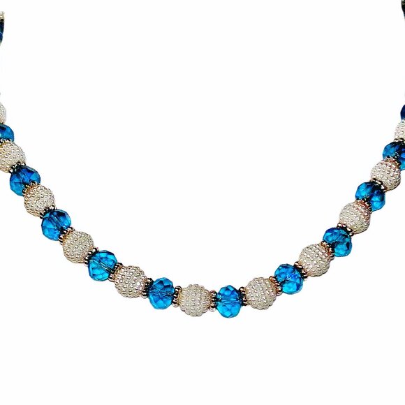 Blue glass and white round bead necklace an earring set with silver spacer beads - Picture 4 of 15